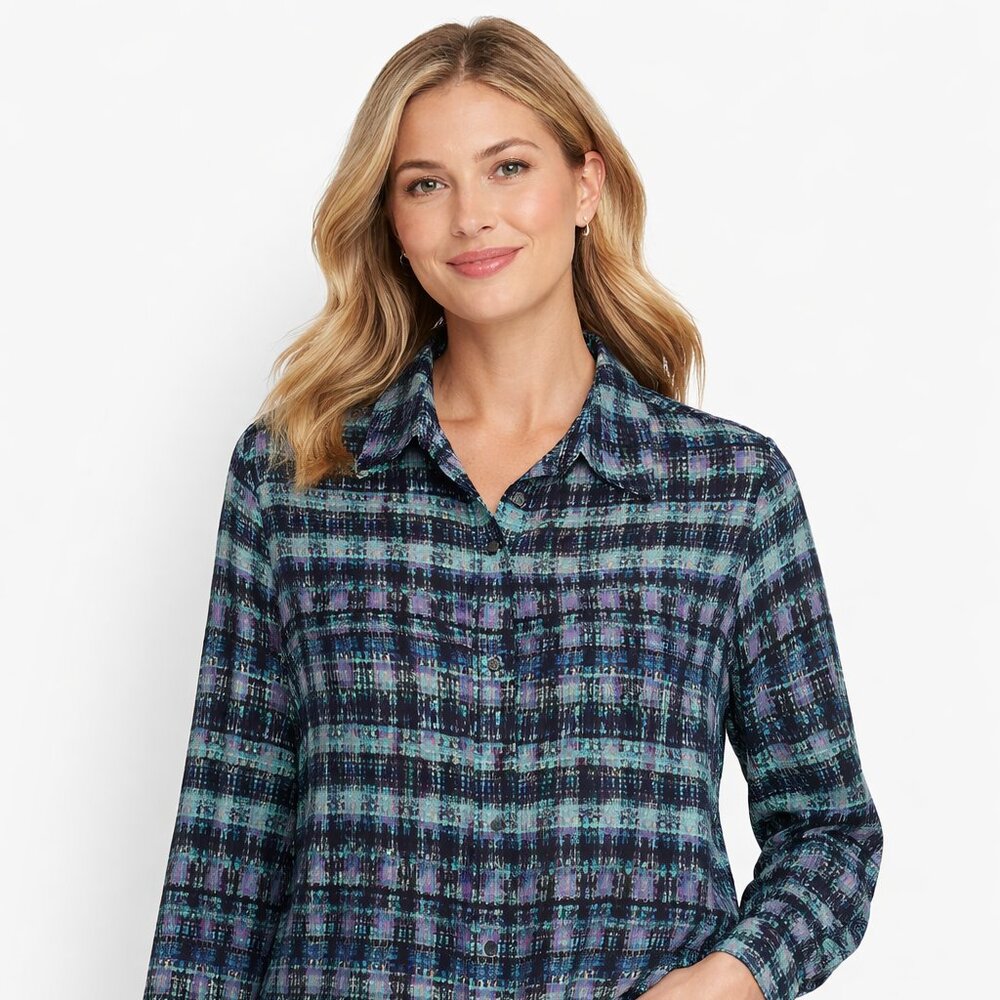 Liz Claiborne Women's Abstract Plaid in Teal, Blue, Purple, Blk Blouse - L  NWT